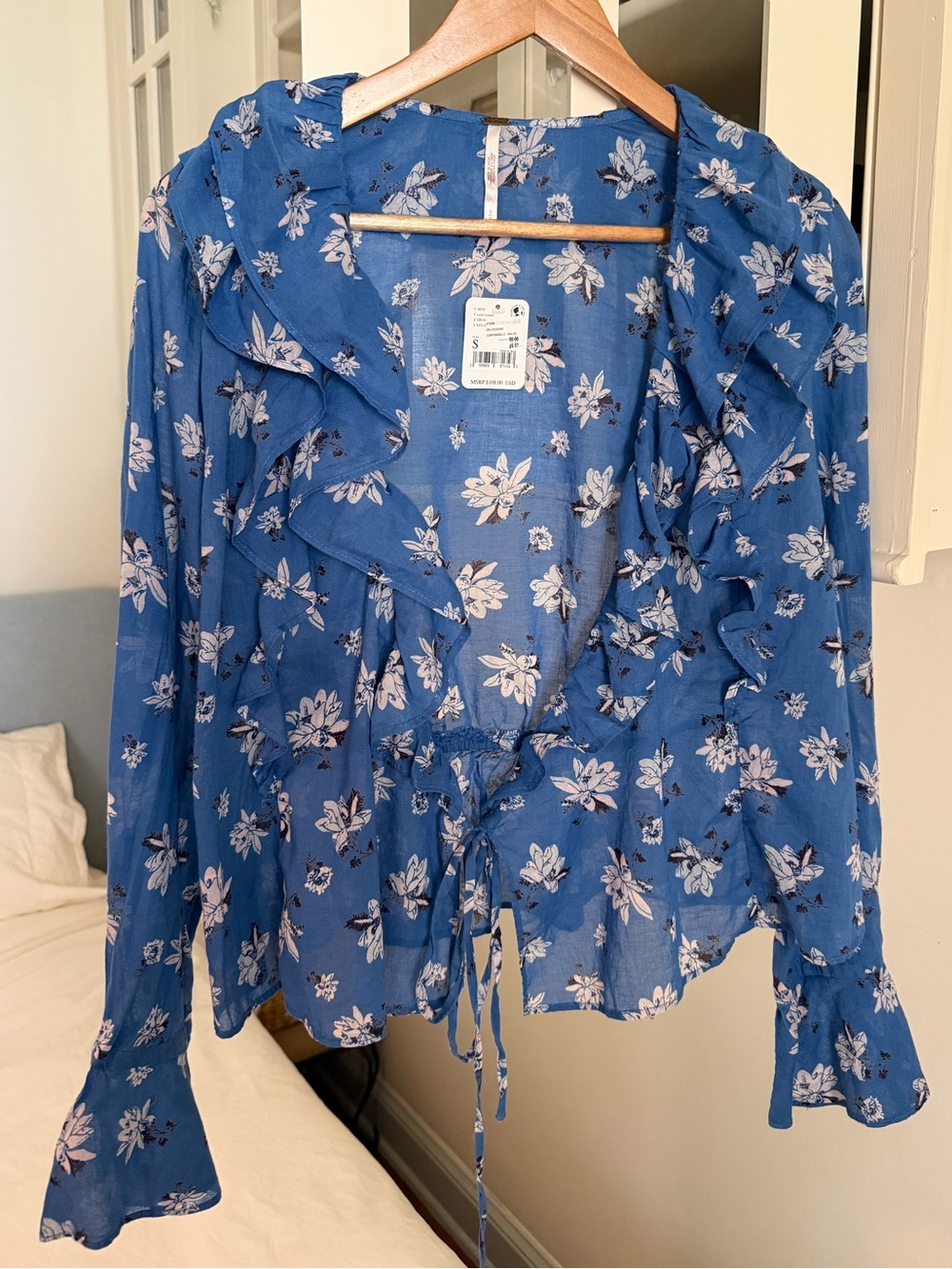 NWT Free People Amanda Ruffle Wrap Blouse "Cool Combo" Blue Floral Oversized Sm